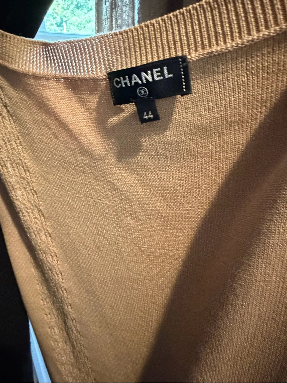 CHANEL Beige Knit Shift Dress Gold CC Buttons Size 44 Made in Italy